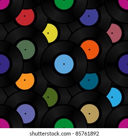 Phonograph vinyl record seamless background pattern. Vector illustration.