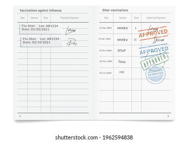 Phony filled vaccination record card with stamps of approval