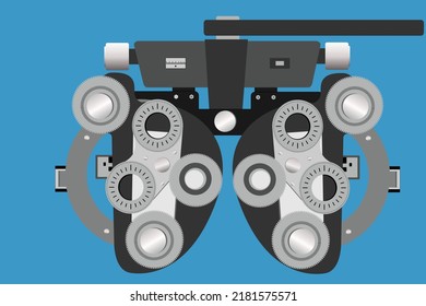 Máquina de pruebas clínicas optativa de Phoropter. Equipo oftálmico para pruebas de examen ocular. Arte vectorial de Phoropter con fondo azul claro. Máquina de verificación de ojos