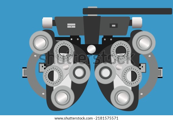 Phoropter optician clinical testing\
machine. Ophthalmic eye exam testing equipment. Vector art of\
Phoropter in light blue background. Eye Checking\
machine