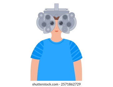 Phoropter or refractor, ophthalmic testing device. Eyesight examination in ophthalmology center. Refractive error treatment, determinate eyeglass prescription, vision checkup flat vector illustration