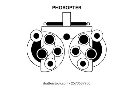 Phoropter or refractor, ophthalmic testing device. Eyesight examination in ophthalmology center. Refractive error treatment, determinate eyeglass prescription, vision checkup flat vector illustration