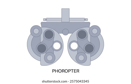 Phoropter or refractor, ophthalmic testing device. Eyesight examination in ophthalmology center. Refractive error treatment, determinate eyeglass prescription, vision checkup flat vector illustration