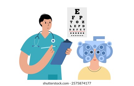 Phoropter or refractor, ophthalmic testing device. Eyesight examination in ophthalmology center. Refractive error treatment, determinate eyeglass prescription, vision checkup flat vector illustration