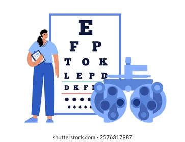 Phoropter or refractor, ophthalmic testing device. Eyesight examination in ophthalmology center. Refractive error treatment, determinate eyeglass prescription, vision checkup flat vector illustration