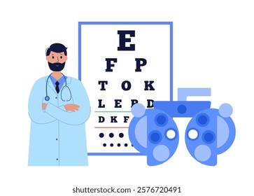 Phoropter or refractor, ophthalmic testing device. Eyesight examination in ophthalmology center. Refractive error treatment, determinate eyeglass prescription, vision checkup flat vector illustration