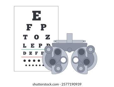 Phoropter or refractor, ophthalmic testing device. Eyesight examination in ophthalmology center. Refractive error treatment, determinate eyeglass prescription, vision checkup flat vector illustration