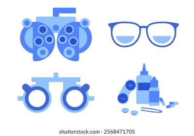 Phoropter or refractor, ophthalmic trial frame device, contact lenses and medications. Eyesight examination in the ophthalmology center. Refractive error treatment, vision checkup vector illustration