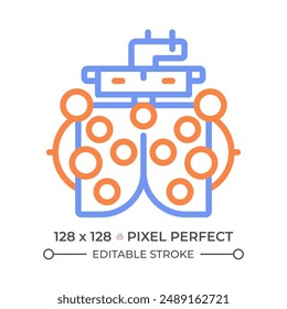 Phoropter two color line icon. Optometrist eye examination. Vision correction. Medical equipment bicolor outline symbol. Duotone linear pictogram. Isolated illustration. Editable stroke