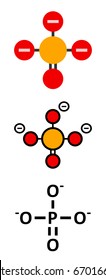 Phosphate anion, chemical structure. Conventional skeletal formula and stylized representations.