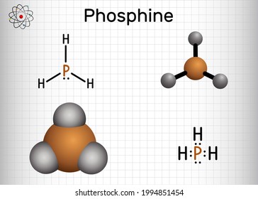 Phosphine, Phosphane, PH3 Molecule. It Is Pnictogen Hydride, Insecticide, Used In Manufacture Of Flame Retardants And Incendiaries. Sheet Of Paper In A Cage. Vector Illustration