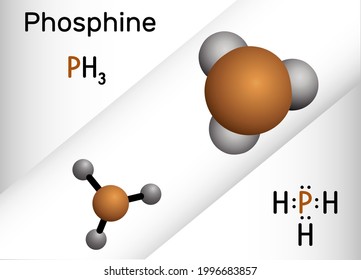 Phosphine, Phosphane, PH3 Molecule. It Is Pnictogen Hydride, Insecticide, Used In Manufacture Of Flame Retardants And Incendiaries. Structural Chemical Formula And Molecule Model. Vector Illustration