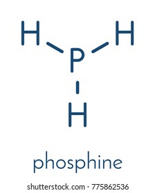 Phosphine (phosphane, PH3) molecule. Used as reagent in chemistry and as fumigant in agriculture. Skeletal formula.