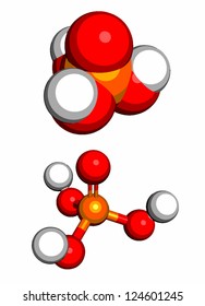 Phosphoric acid (H3PO4) molecule, chemical structure. Phosphoric acid is used  for the acidification of soft drinks and as a buffer component in biological sciences.