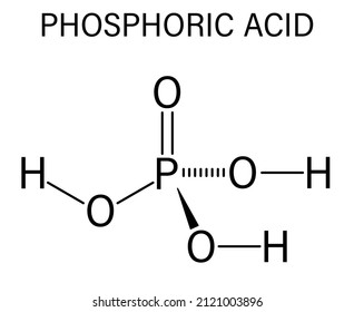 Phosphoric acid mineral acid molecule. Used in fertilizer production, biological buffers, as food additive, etc. Skeletal formula.