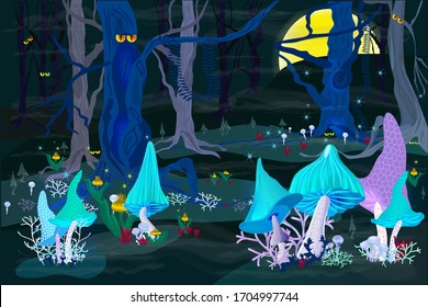 Phosphorizing magic mushrooms in a fairy forest. Full moon in a mystical place. Scary trees, fog, and magic fireflies. Vector illustration in cartoon style.