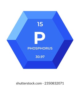 Phosphor ist chemisches Element der Nr. 15 der Nichtmetallgruppe. Symbol des chemischen Elements der periodischen Tabelle in 3D-Hexagon. Chemie für Kinder, Grundschulbildung.