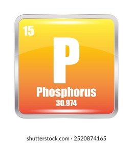 Phosphorus element symbol. P abbreviation. Atomic number 15. Atomic mass 30.974.
