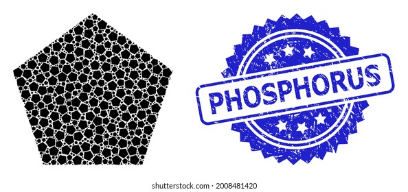 Phosphorstempelsiegel und mit Vektorfraktalem Mosaik gefülltes Fünfeck. Die blaue Stempelversiegelung enthält den Phosphoretikett in der Rosette. Die Vektorgrafik erfolgt durch Wiederholen von gedrehten, gefüllten Pentagon-Symbolen.