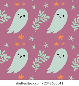 phosphorus luminous ghost, twig with leaves and mixed stars. vector pattern on pink background for halloween