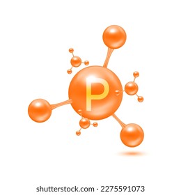 Minerales de fósforo en forma de moléculas de átomos gloso naranja. Icono de fósforo 3D aislado en fondo blanco. Complejo de vitaminas minerales. Concepto médico y científico. Ilustración del vector EPS10.