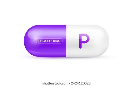 Phosphorus minerals capsule purple 3D isolated on white background. Nutrients necessary for the body helps maintain brain and bone. Dietary supplement health care concept. Vector EPS10 illustration.