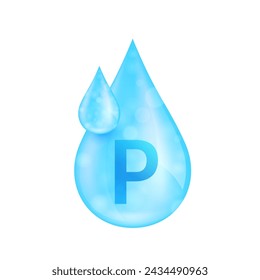 Phosphormineralien Tröpfchenblau. Lösung Vitamine komplex essenziell. Aqua Tropfen aus der Natur auf weißem Hintergrund für Nahrungsergänzungsmittel Anzeigen. Medizinisches Wissenschaftskonzept. Symbol 3D isolierter Vektor.