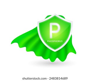 Phosphorus minerals in shield knight green cloak. Vitamins essential protect build immunity healthy. For ads dietary supplements medical and pharmacy. Vector EPS10 illustration.