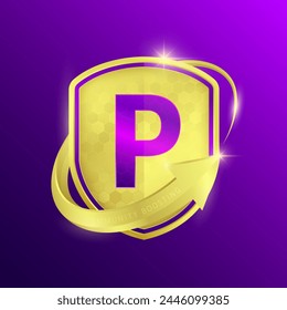 Minerales de fósforo en escudo de oro brillante rodeado de flechas. Inmunidad a las vitaminas. Símbolo 3D aislado sobre fondo púrpura. Se utiliza para el diseño de productos de suplementos dietéticos. Vector EPS10.
