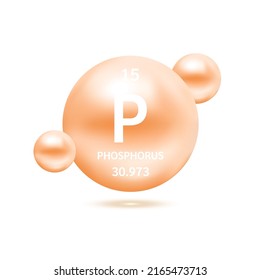 Phosphorus Molecule Models Orange And Chemical Formulas Scientific Element. Ecology And Biochemistry Concept. Isolated Spheres On White Background. 3D Vector Illustration.