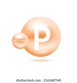 Phosphorus Molecule Models Orange And Chemical Formulas Scientific Element. Ecology And Biochemistry Concept. Isolated Spheres On White Background. 3D Vector Illustration.