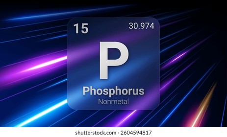 Phosphorus (P) (015) Nonmetal, Glass Morphism Element Futuristic Neon Light Glow Background Periodic Table, Chemical Symbol, Name, Atomic Mass, Atomic Number, Vector Illustration