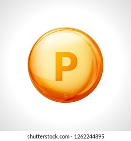 Phosphorus P 3d minerals vital vector vitamin gold icon. Vitamin P symbol nutrition design element.