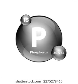 Phosphorus (P) chemical element Icon structure round shape circle grey, silver, black easily. Periodic table Sign with atomic number. Study in science for education. 3D Illustration vector.