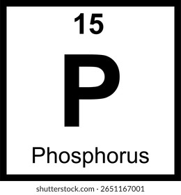 Quadro periódico de elementos de fósforo (P) ladrilho. Ícone minimalista com número atômico 15. Elemento não metálico essencial para a vida, DNA e ATP. Educação científica.