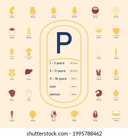 Phosphorus in product. Daily rate of phosphorus. Minerals in food. Image of foods containing phosphorus. A healthy and nutritious diet.