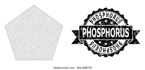 Phosphorus scratched stamp seal and vector filled pentagon mesh model. Black stamp has Phosphorus title inside ribbon and rosette. Abstract flat mesh filled pentagon, created from flat mesh.