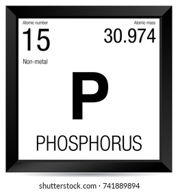Phosphorus symbol. Element number 15 of the Periodic Table of the Elements - Chemistry - Black square frame with white background