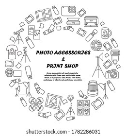 Photo accessories and equipment circle banner. Template for print shop. Copy center. Photos of the documents. Digital and optical technology. Design and printing on mugs and t-shirts