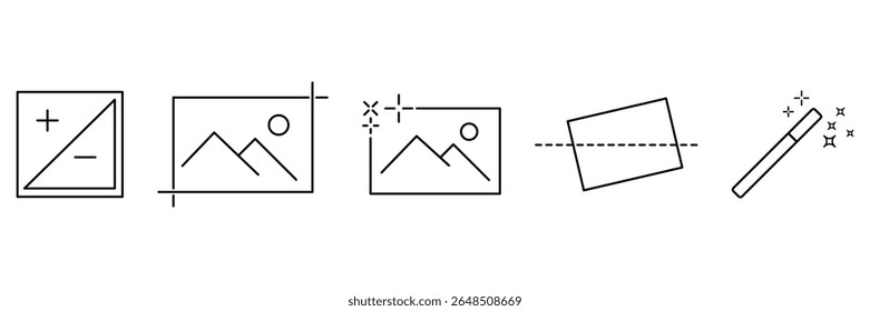 Photo adjust crop enhance straighten edit icons in clean editable outline style for picture editing interface vector illustration set.