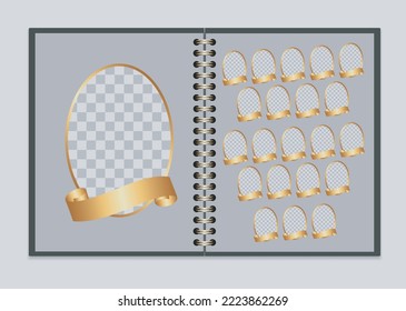 Photo album with 22 empty ellipse photo frames. Set of oval vignettes with golden curved ribbons for inscriptions. Open Gray pages of book or album on golden spirals. Vector realistic Mock up. EPS10.