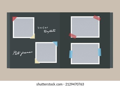 Photo album with black pages and empty photo frames with sticky tape. Open square scrapbooking album. Set of square and horizontal photo cards with corners. Vector realistic Mockup. EPS10.