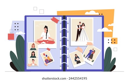 Photo album concept. Memories of life for man and woman. Yoga, wedding and marriage ceremony. Scrapbook with photographies of couple. Cartoon flat vector illustration isolated on white background