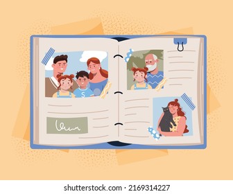 Photo album concept. Photos of family in book, good relations between generations. Love and care, memories of bright moments. Happy moments of life, inspiration. Cartoon flat vector illustration