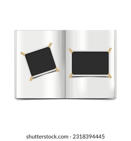 Photo album containing photo templates with adhesive tape isolated on a white background