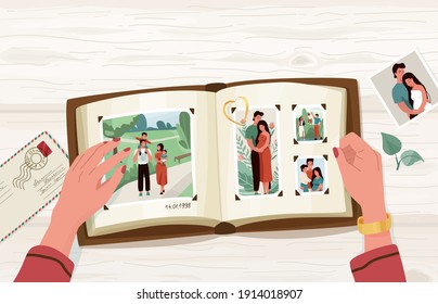 Photo Album With Family Photographs, Vector Illustration In Simple Cartoon Flat Style With Empty Blank Space At The Top. Female Hands Holding Open Memorable Book. View From Above.