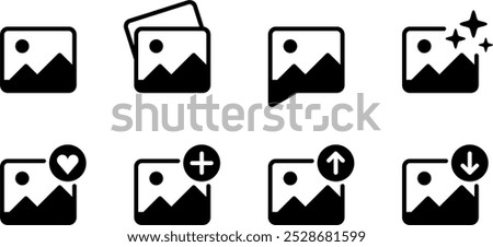 Photo album gallery, flat vector icon collection, download upload enhance like image, ui element symbol