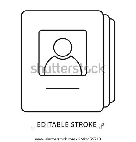 Photo album icon in minimal line style with editable stroke. Symbol of memory collection, personal archive, family photos, image gallery, visual story, printed photography, scrapbook design.