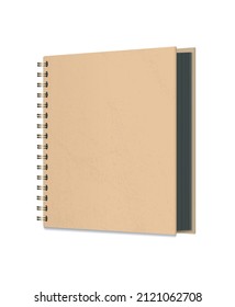 Photo album from kraft paper with black pages and golden spirals. Vector 3d realistic. Blank Stylish template. Mockup. Vertical Closed thick Hardcover album or gift book. 