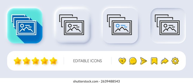 Photo album line icon. Neumorphic, Flat shadow, 3d buttons. Image thumbnail sign. Picture gallery placeholder symbol. Line photo album icon. Social media icons. Vector